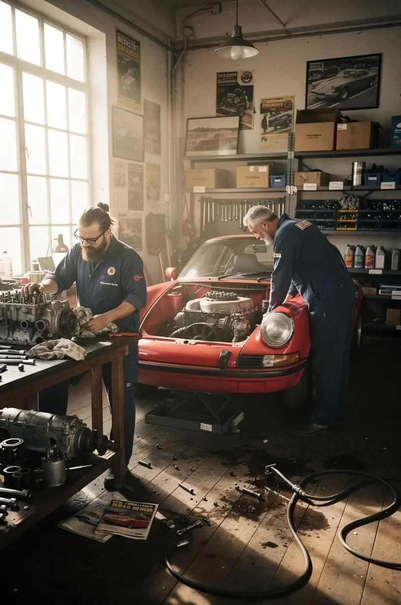 Team von Experten bespricht den Restaurationsplan für einen wertvollen Vintage-Wagen